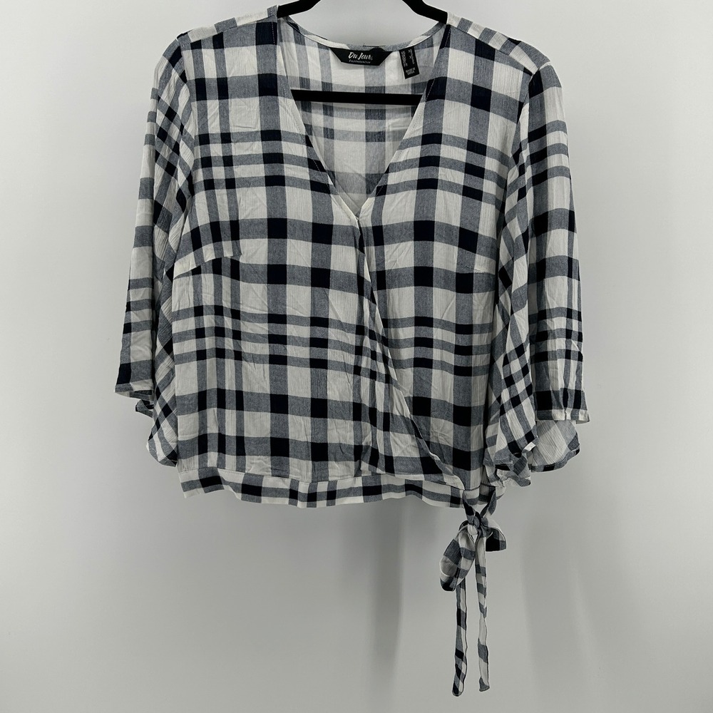 Du Jour Navy White Plaid Faux Wrap Tie Front‎ Lightweight Top Oversized XS NWOT